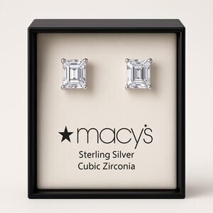 Macy’s Sterling Silver Emerald Cut CZ Stud Earrings NWT